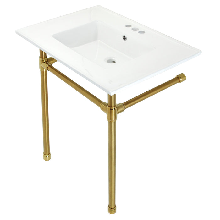 Kingston Tulare KVPB31227W47 - Dreyfuss 31-Inch Ceramic Console Sink with Stainless Steel Legs (4-Inch, 3-Hole), White/Brushed Brass