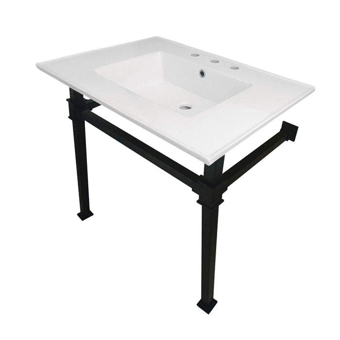 Kingston Sona KVPB31228Q0 - Monarch 31-Inch Ceramic Console Sink with Stainless Steel Legs (8-Inch, 3-Hole), White/Matte Black
