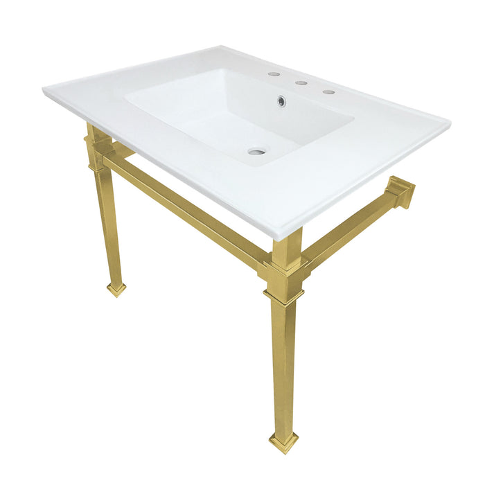 Kingston Sona KVPB31228Q7 - Monarch 31-Inch Ceramic Console Sink with Stainless Steel Legs (8-Inch, 3-Hole), White/Brushed Brass