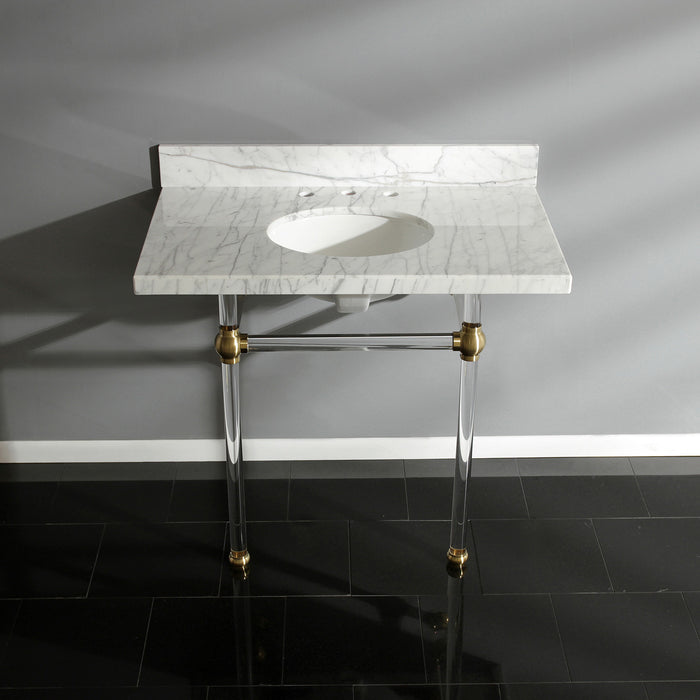 Fauceture KVPB3630MA7 36-Inch Marble Console Sink with Acrylic Feet, Carrara Marble/Brushed Brass