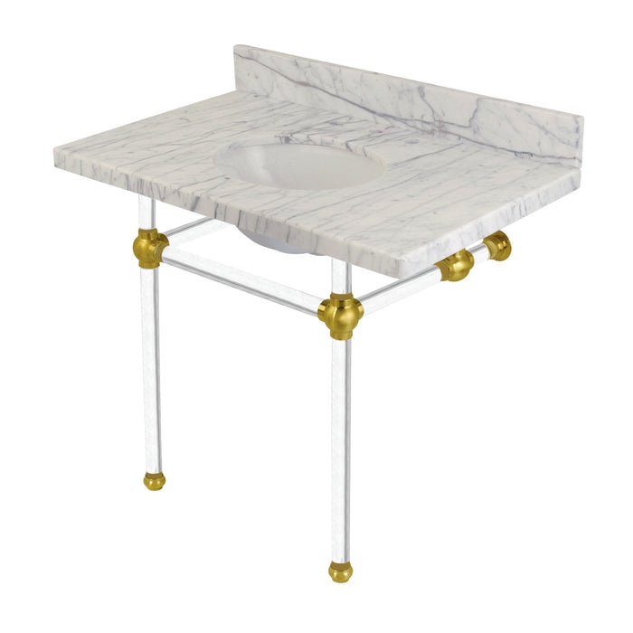 Kingston Tulare KVPB3630MA7 - Templeton 36-Inch Carrara Marble Vanity Top with Acrylic Legs (8-Inch, 3-Hole), Carrara Marble White/Brushed Brass