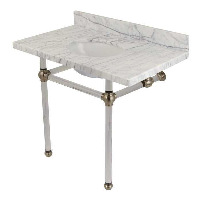 Kingston Tulare KVPB3630MA8 - Templeton 36-Inch Carrara Marble Vanity Top with Acrylic Legs (8-Inch, 3-Hole), Carrara Marble White/Brushed Nickel