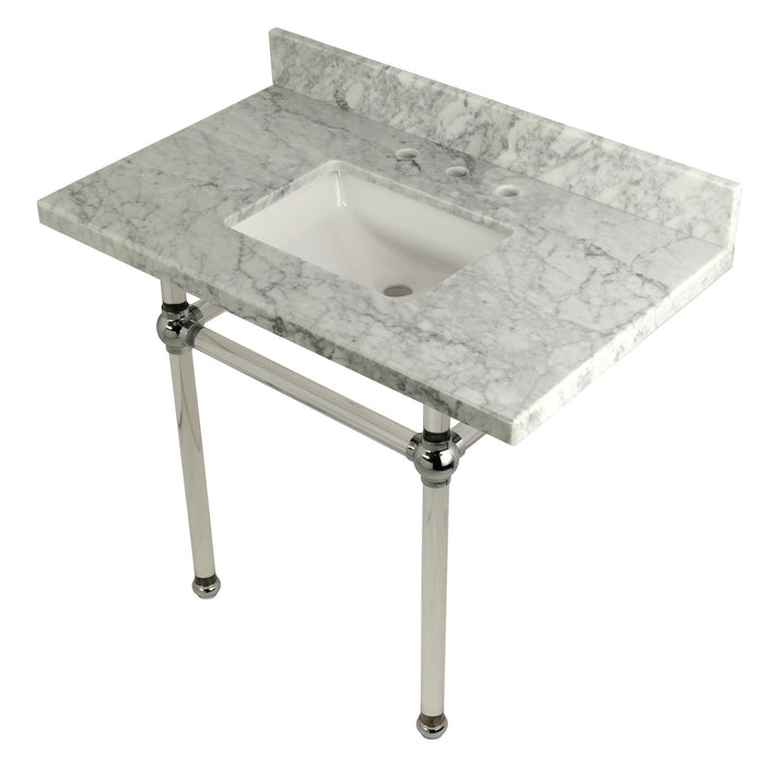 Kingston Tulare KVPB3630MASQ1 - Templeton 36-Inch Carrara Marble Vanity Top with Acrylic Legs (8-Inch, 3-Hole), Carrara Marble White/Polished Chrome