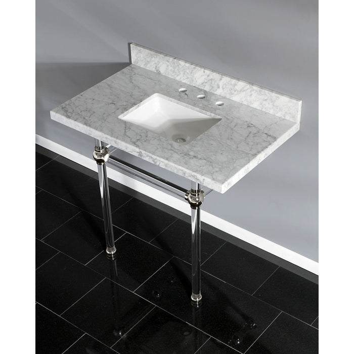Kingston Tulare KVPB3630MASQ6 - Templeton 36-Inch Carrara Marble Vanity Top with Acrylic Legs (8-Inch, 3-Hole), Carrara Marble White/Polished Nickel