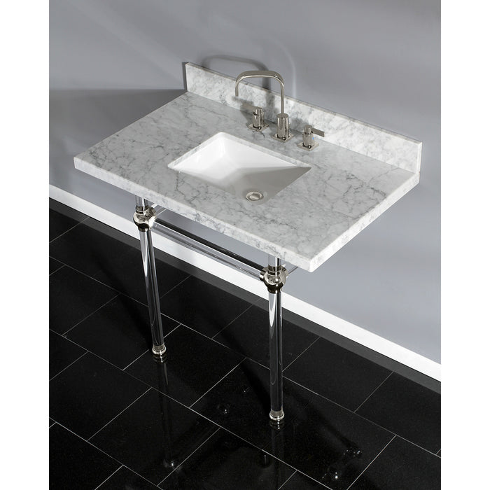 Kingston Tulare KVPB3630MASQ6 - Templeton 36-Inch Carrara Marble Vanity Top with Acrylic Legs (8-Inch, 3-Hole), Carrara Marble White/Polished Nickel
