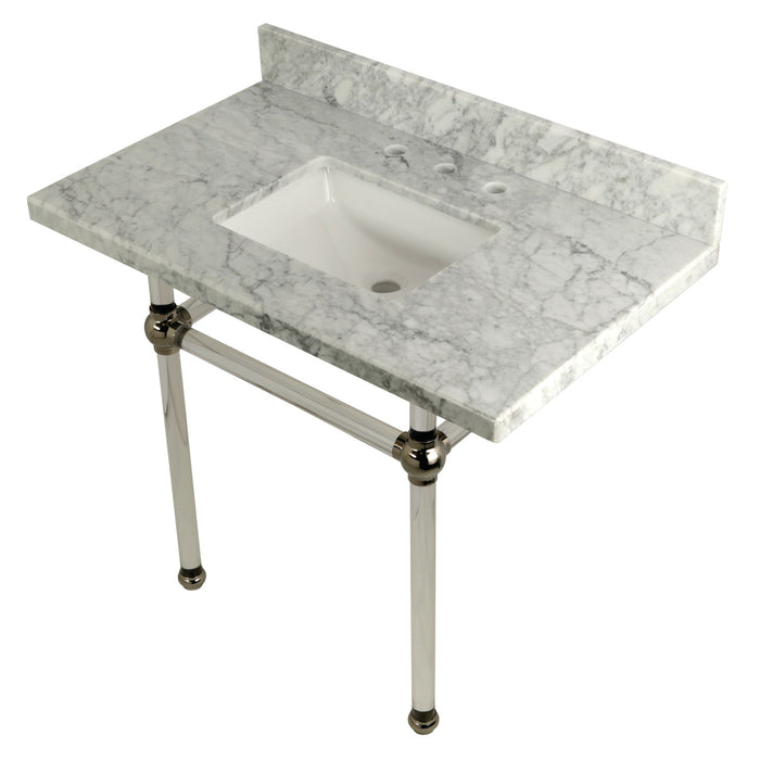 Kingston Tulare KVPB3630MASQ6 - Templeton 36-Inch Carrara Marble Vanity Top with Acrylic Legs (8-Inch, 3-Hole), Carrara Marble White/Polished Nickel