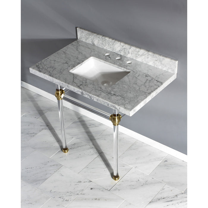 Kingston Tulare KVPB3630MASQ7 - Templeton 36-Inch Carrara Marble Vanity Top with Acrylic Legs (8-Inch, 3-Hole), Carrara Marble White/Brushed Brass