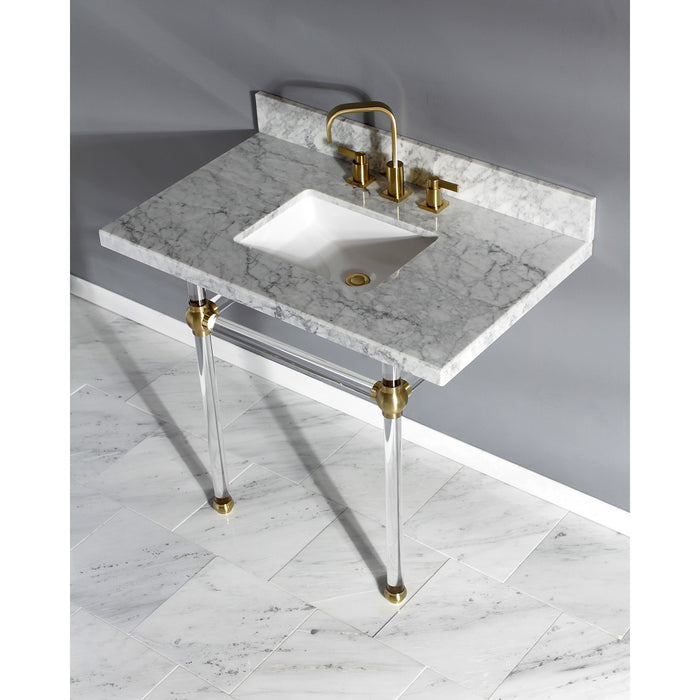 Kingston Tulare KVPB3630MASQ7 - Templeton 36-Inch Carrara Marble Vanity Top with Acrylic Legs (8-Inch, 3-Hole), Carrara Marble White/Brushed Brass