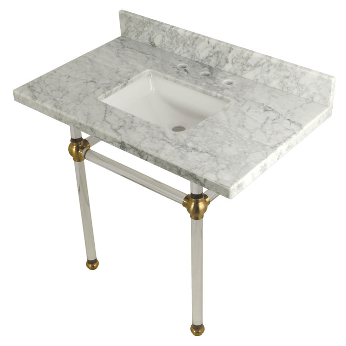 Kingston Tulare KVPB3630MASQ7 - Templeton 36-Inch Carrara Marble Vanity Top with Acrylic Legs (8-Inch, 3-Hole), Carrara Marble White/Brushed Brass