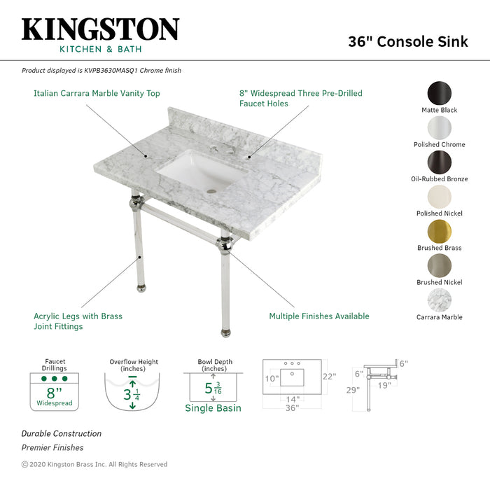Kingston Tulare KVPB3630MASQ8 - Templeton 36-Inch Carrara Marble Vanity Top with Acrylic Legs (8-Inch, 3-Hole), Carrara Marble White/Brushed Nickel
