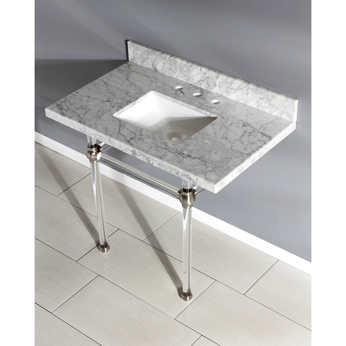 Kingston Tulare KVPB3630MASQ8 - Templeton 36-Inch Carrara Marble Vanity Top with Acrylic Legs (8-Inch, 3-Hole), Carrara Marble White/Brushed Nickel