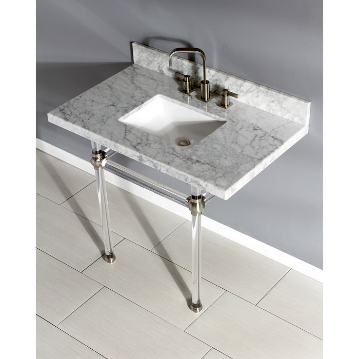 Kingston Tulare KVPB3630MASQ8 - Templeton 36-Inch Carrara Marble Vanity Top with Acrylic Legs (8-Inch, 3-Hole), Carrara Marble White/Brushed Nickel