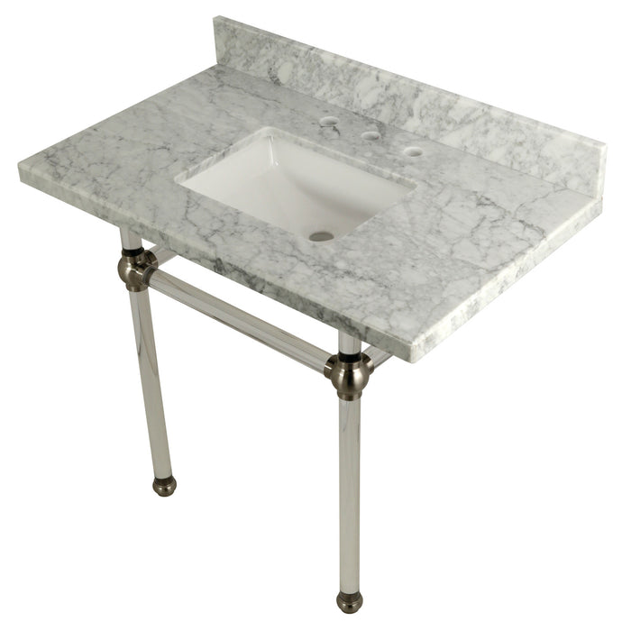 Kingston Tulare KVPB3630MASQ8 - Templeton 36-Inch Carrara Marble Vanity Top with Acrylic Legs (8-Inch, 3-Hole), Carrara Marble White/Brushed Nickel