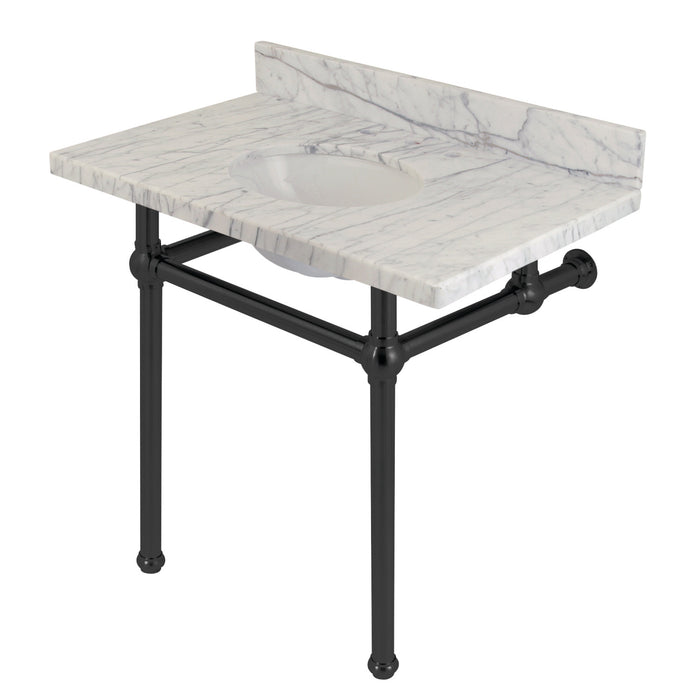 Kingston Heirloom KVPB3630MB0 - Templeton 36-Inch Carrara Marble Vanity Top with Brass Legs (8-Inch, 3-Hole), Carrara Marble White/Matte Black