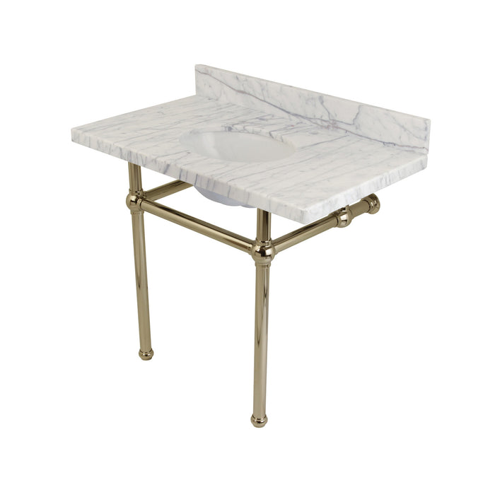 Kingston Heirloom KVPB3630MB6 - Templeton 36-Inch Carrara Marble Vanity Top with Brass Legs (8-Inch, 3-Hole), Carrara Marble White/Polished Nickel