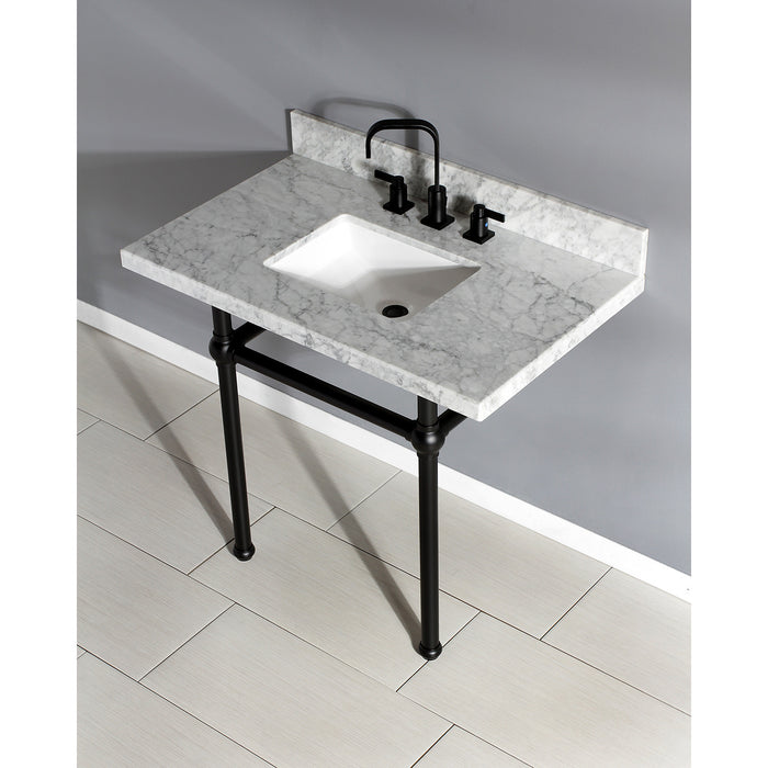 Kingston Heirloom KVPB3630MBSQ0 - Templeton 36-Inch Carrara Marble Vanity Top with Brass Legs (8-Inch, 3-Hole), Carrara Marble White/Matte Black