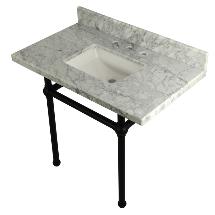 Kingston Heirloom KVPB3630MBSQ0 - Templeton 36-Inch Carrara Marble Vanity Top with Brass Legs (8-Inch, 3-Hole), Carrara Marble White/Matte Black