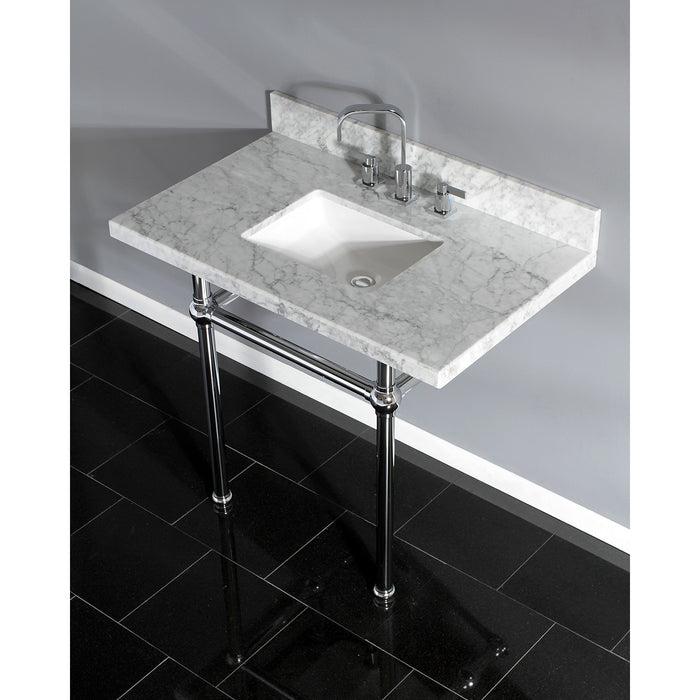 Kingston Heirloom KVPB3630MBSQ1 - Templeton 36-Inch Carrara Marble Vanity Top with Brass Legs (8-Inch, 3-Hole), Carrara Marble White/Polished Chrome