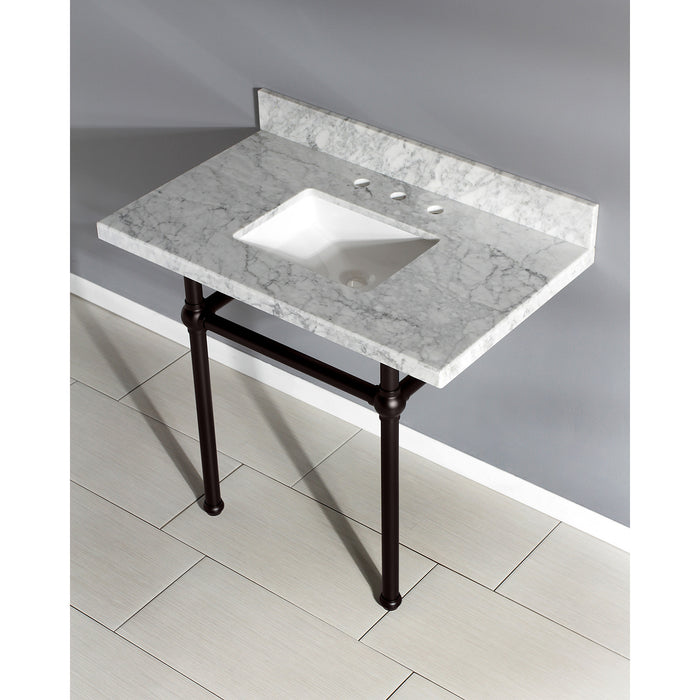 Templeton KVPB3630MBSQ5 36-Inch Carrara Marble Vanity Top with Brass Legs (8-Inch, 3-Hole), Carrara Marble White/Oil Rubbed Bronze
