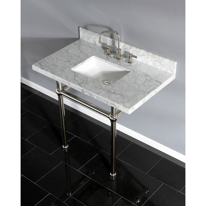 Kingston Heirloom KVPB3630MBSQ6 - Templeton 36-Inch Carrara Marble Vanity Top with Brass Legs (8-Inch, 3-Hole), Carrara Marble White/Polished Nickel