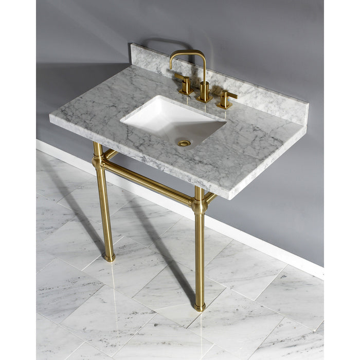 Templeton KVPB3630MBSQ7 36-Inch Carrara Marble Vanity Top with Brass Legs (8-Inch, 3-Hole), Carrara Marble White/Brushed Brass