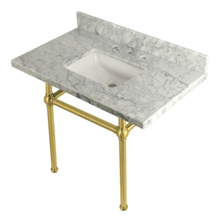 Templeton KVPB3630MBSQ7 36-Inch Carrara Marble Vanity Top with Brass Legs (8-Inch, 3-Hole), Carrara Marble White/Brushed Brass