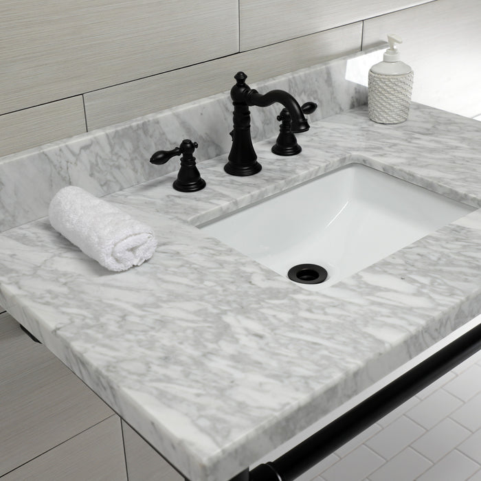 Kingston Tulare KVPB36M8SQ0ST - Dreyfuss 36-Inch Carrara Marble Vanity Top with Stainless Steel Legs (8-Inch, 3-Hole), Carrara Marble White/Matte Black