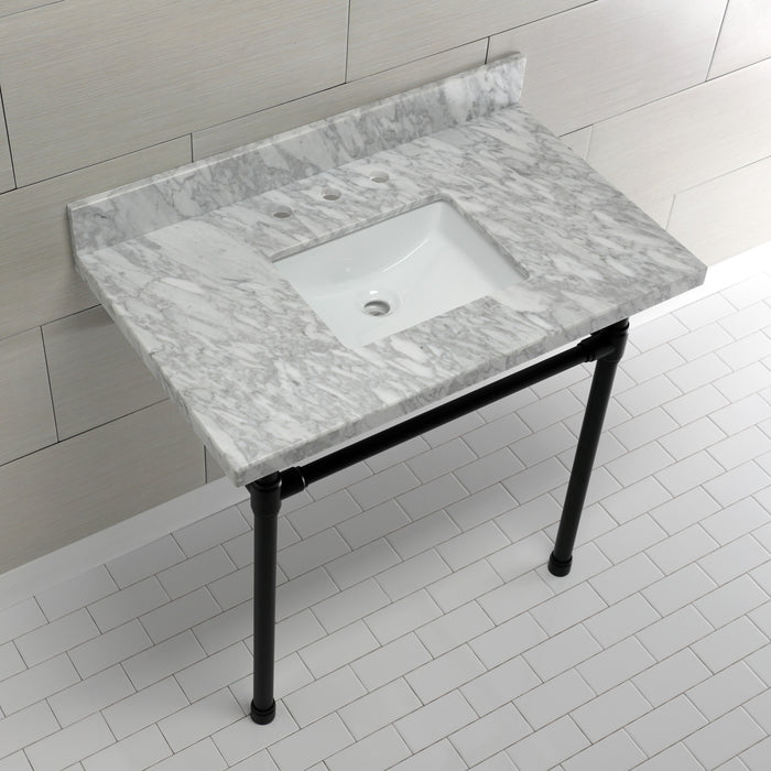 Kingston Tulare KVPB36M8SQ0ST - Dreyfuss 36-Inch Carrara Marble Vanity Top with Stainless Steel Legs (8-Inch, 3-Hole), Carrara Marble White/Matte Black