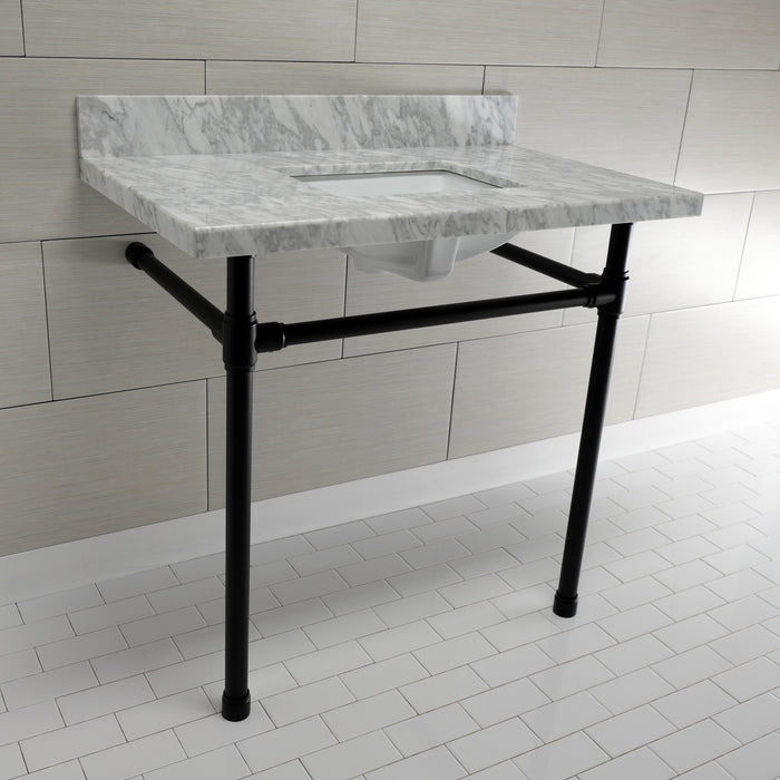 Kingston Tulare KVPB36M8SQ0ST - Dreyfuss 36-Inch Carrara Marble Vanity Top with Stainless Steel Legs (8-Inch, 3-Hole), Carrara Marble White/Matte Black