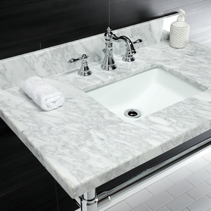 Kingston Tulare KVPB36M8SQ1ST - Dreyfuss 36-Inch Carrara Marble Vanity Top with Stainless Steel Legs (8-Inch, 3-Hole), Carrara Marble White/Polished Chrome