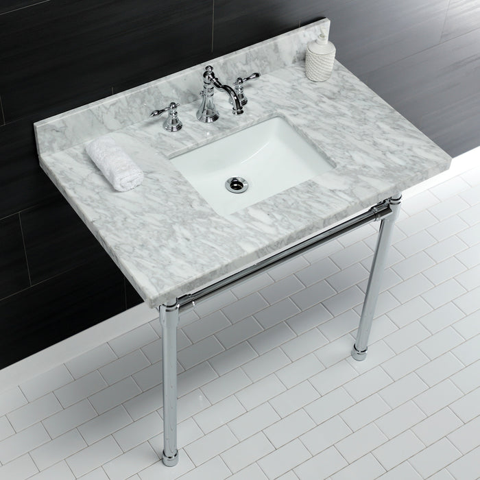 Kingston Tulare KVPB36M8SQ1ST - Dreyfuss 36-Inch Carrara Marble Vanity Top with Stainless Steel Legs (8-Inch, 3-Hole), Carrara Marble White/Polished Chrome