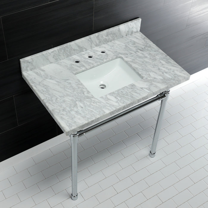 Kingston Tulare KVPB36M8SQ1ST - Dreyfuss 36-Inch Carrara Marble Vanity Top with Stainless Steel Legs (8-Inch, 3-Hole), Carrara Marble White/Polished Chrome