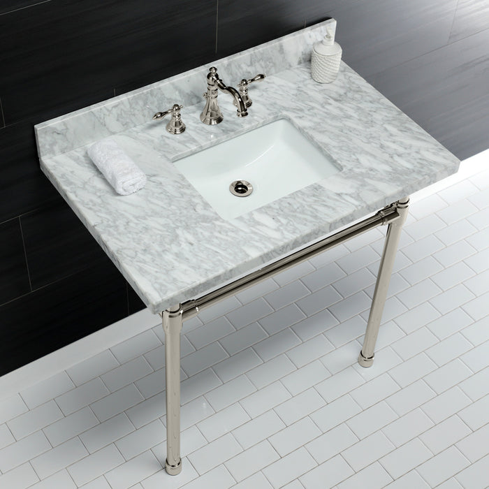 Dreyfuss KVPB36M8SQ6ST 36-Inch Carrara Marble Vanity Top with Stainless Steel Legs (8-Inch, 3-Hole), Carrara Marble White/Polished Nickel