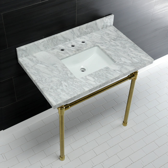 Dreyfuss KVPB36M8SQ7ST 36-Inch Carrara Marble Vanity Top with Stainless Steel Legs (8-Inch, 3-Hole), Carrara Marble White/Brushed Brass