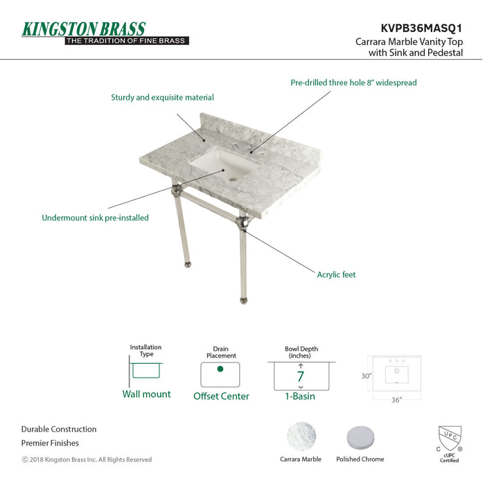 Kingston Tulare KVPB36MASQ1 - Templeton 36-Inch Carrara Marble Vanity Top with Acrylic Legs (8-Inch, 3-Hole), Carrara Marble White/Polished Chrome
