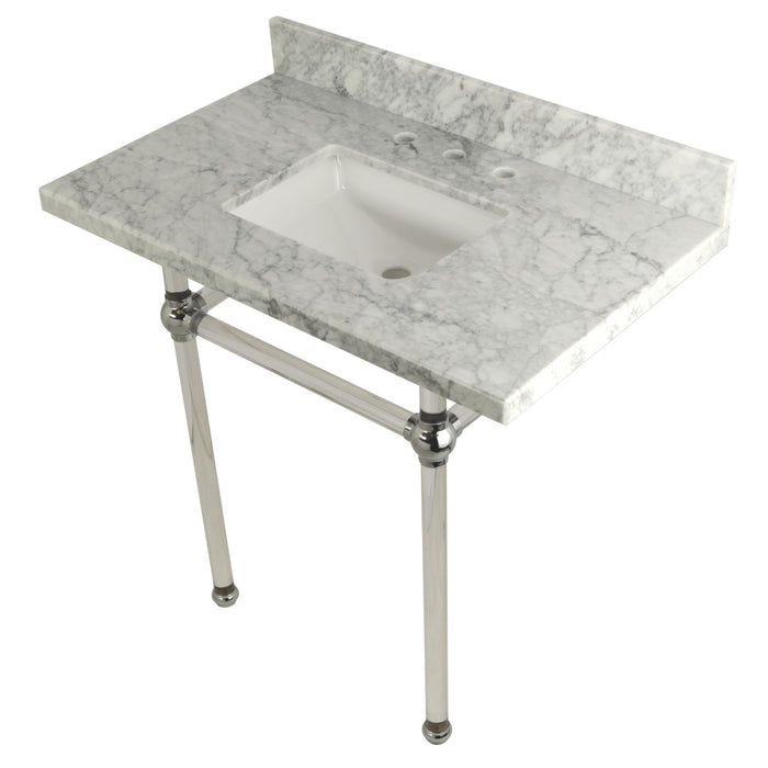 Kingston Tulare KVPB36MASQ1 - Templeton 36-Inch Carrara Marble Vanity Top with Acrylic Legs (8-Inch, 3-Hole), Carrara Marble White/Polished Chrome