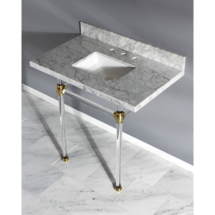 Kingston Tulare KVPB36MASQ7 - Templeton 36-Inch Carrara Marble Vanity Top with Acrylic Legs (8-Inch, 3-Hole), Carrara Marble White/Brushed Brass