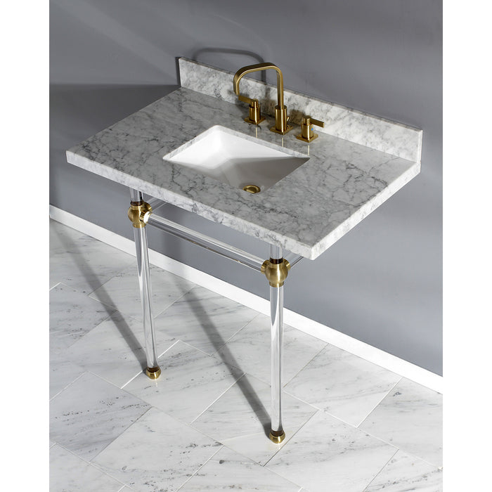 Kingston Tulare KVPB36MASQ7 - Templeton 36-Inch Carrara Marble Vanity Top with Acrylic Legs (8-Inch, 3-Hole), Carrara Marble White/Brushed Brass