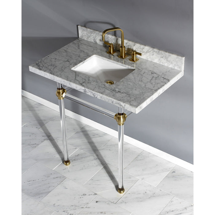Fauceture KVPB36MASQ7 36-Inch Marble Console Sink with Acrylic Feet, Carrara Marble/Brushed Brass