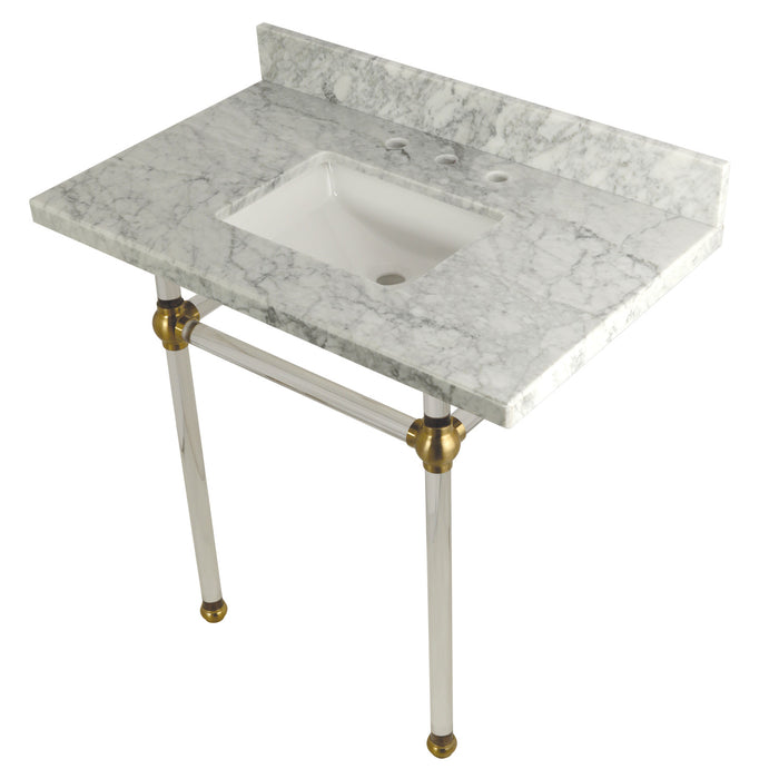 Kingston Tulare KVPB36MASQ7 - Templeton 36-Inch Carrara Marble Vanity Top with Acrylic Legs (8-Inch, 3-Hole), Carrara Marble White/Brushed Brass