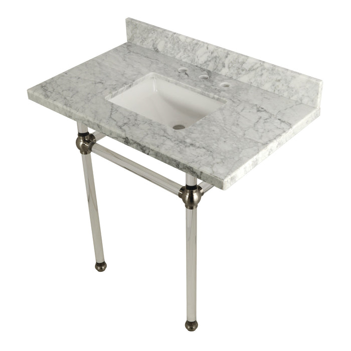Fauceture KVPB36MASQ8 36-Inch Marble Console Sink with Acrylic Feet, Carrara Marble/Brushed Nickel