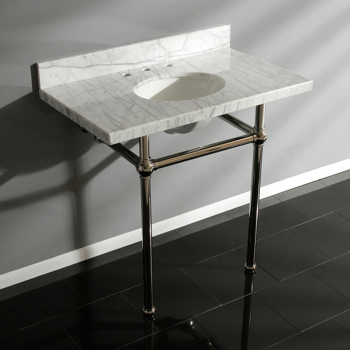 Kingston Heirloom KVPB36MB6 - Templeton 36-Inch Carrara Marble Vanity Top with Brass Legs (8-Inch, 3-Hole), Carrara Marble White/Polished Nickel