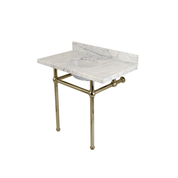 Kingston Heirloom KVPB36MB6 - Templeton 36-Inch Carrara Marble Vanity Top with Brass Legs (8-Inch, 3-Hole), Carrara Marble White/Polished Nickel