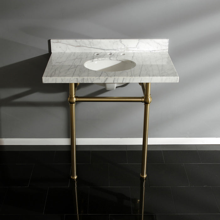 Kingston Heirloom KVPB36MB7 - Templeton 36-Inch Carrara Marble Vanity Top with Brass Legs (8-Inch, 3-Hole), Carrara Marble White/Brushed Brass