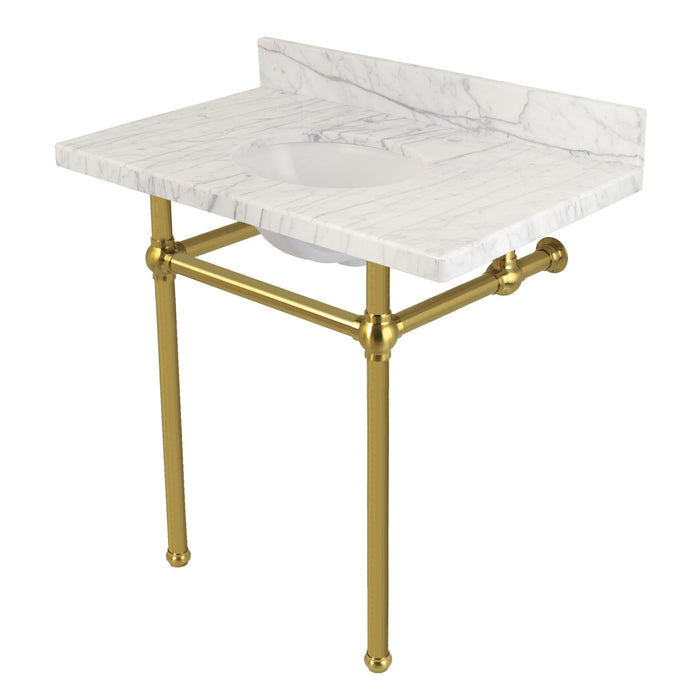 Kingston Heirloom KVPB36MB7 - Templeton 36-Inch Carrara Marble Vanity Top with Brass Legs (8-Inch, 3-Hole), Carrara Marble White/Brushed Brass