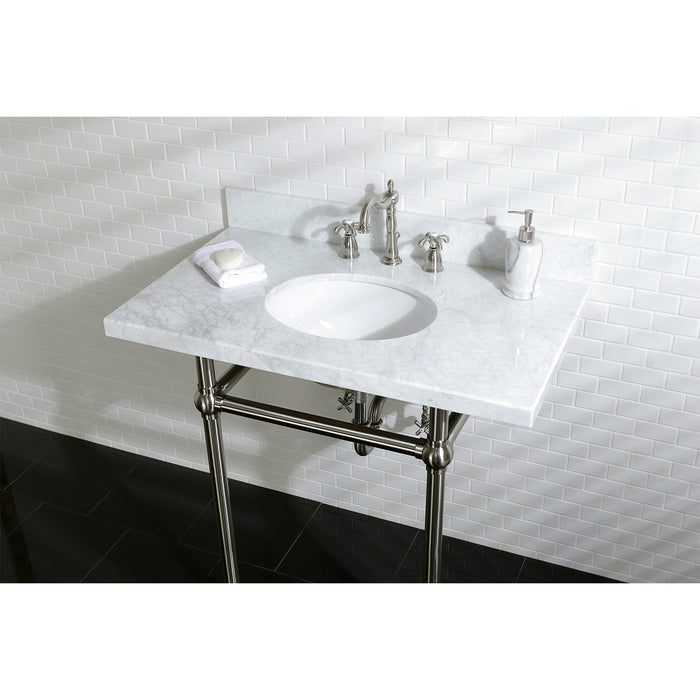 Kingston Heirloom KVPB36MB8 - Templeton 36-Inch Carrara Marble Vanity Top with Brass Legs (8-Inch, 3-Hole), Carrara Marble White/Brushed Nickel