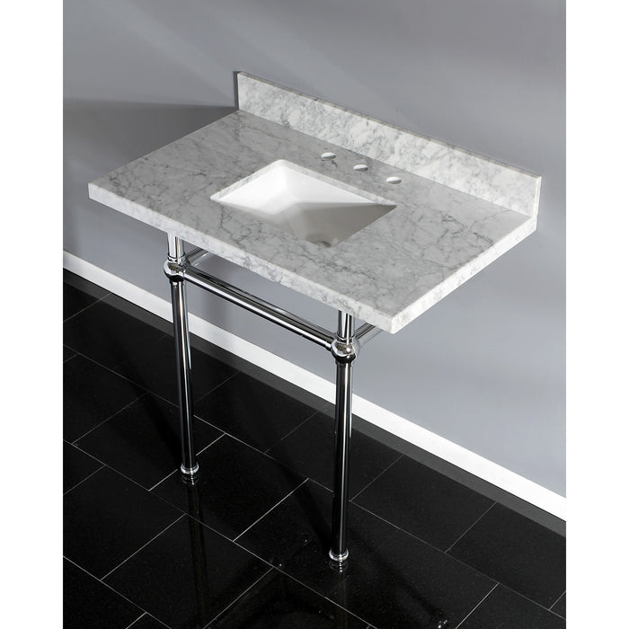 Kingston Heirloom KVPB36MBSQ1 - Templeton 36-Inch Carrara Marble Vanity Top with Brass Legs (8-Inch, 3-Hole), Carrara Marble White/Polished Chrome