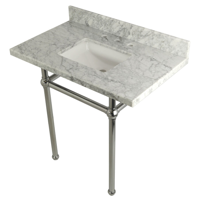 Kingston Heirloom KVPB36MBSQ1 - Templeton 36-Inch Carrara Marble Vanity Top with Brass Legs (8-Inch, 3-Hole), Carrara Marble White/Polished Chrome