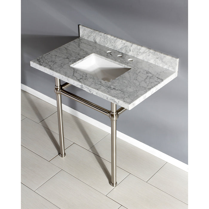 Kingston Heirloom KVPB36MBSQ8 - Templeton 36-Inch Carrara Marble Vanity Top with Brass Legs (8-Inch, 3-Hole), Carrara Marble White/Brushed Nickel