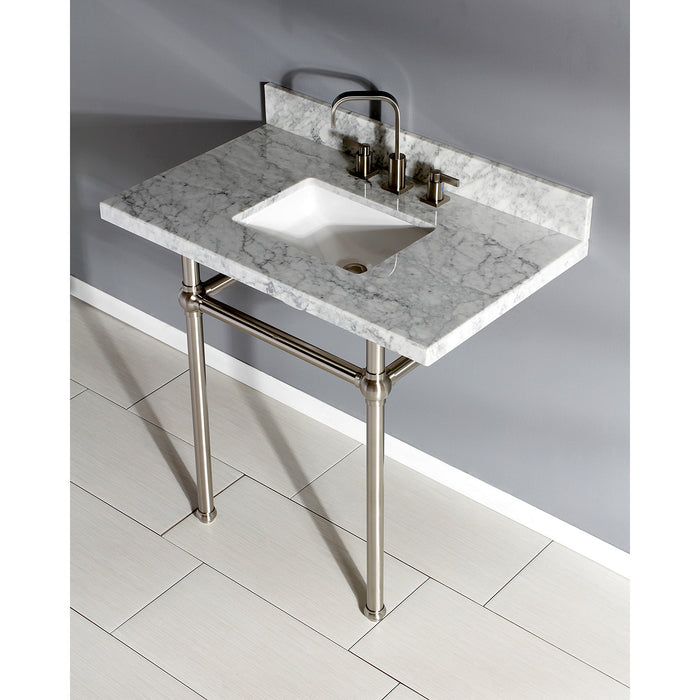 Kingston Heirloom KVPB36MBSQ8 - Templeton 36-Inch Carrara Marble Vanity Top with Brass Legs (8-Inch, 3-Hole), Carrara Marble White/Brushed Nickel